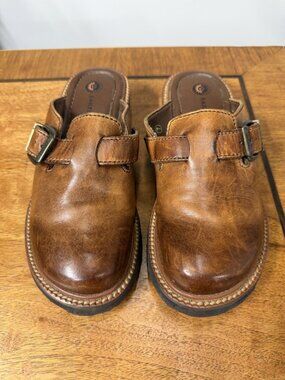 Earth Shoe 7 Brown Leather Mules Clogs Heels Pumps Slip-On Hippie Boho Wood